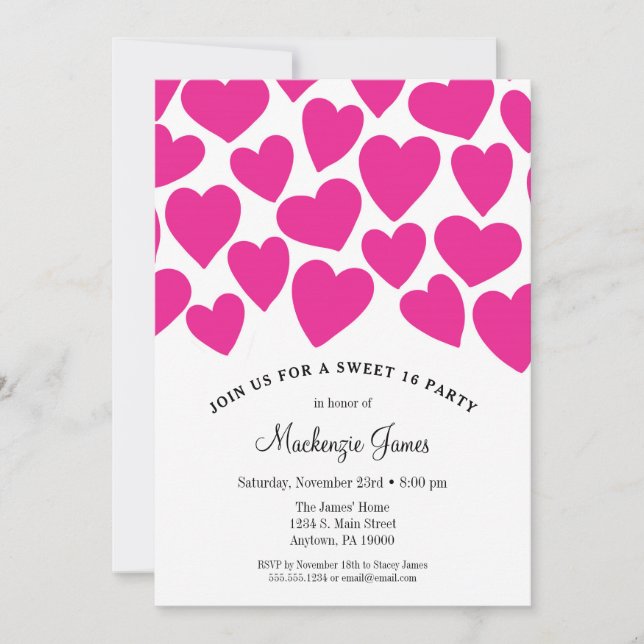 Coeurs roses Sweet sixteen Invitation d'anniversai (Devant)