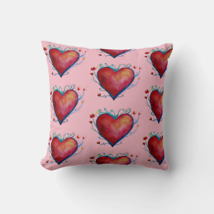Coeurs rouges Aquarelle Art Jeter Coussin