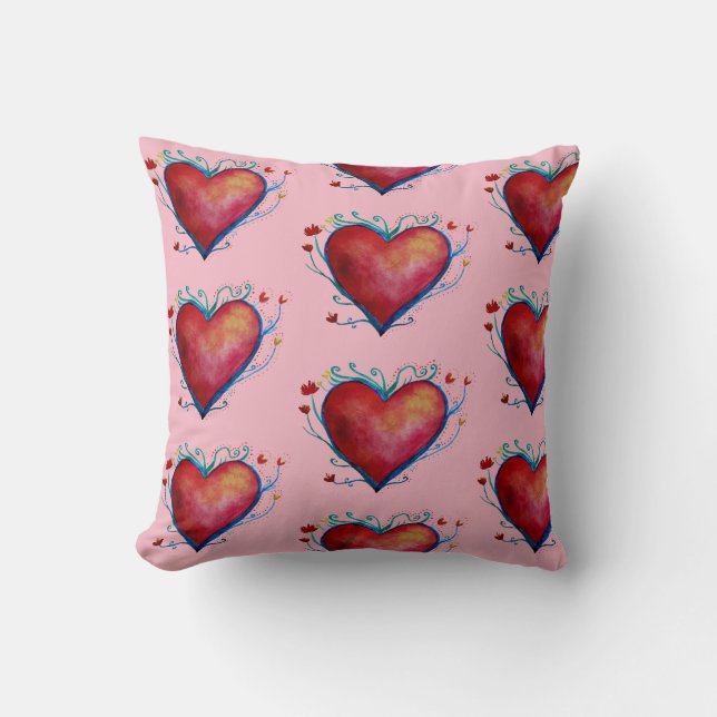 Coeurs rouges Aquarelle Art Jeter Coussin (Recto)