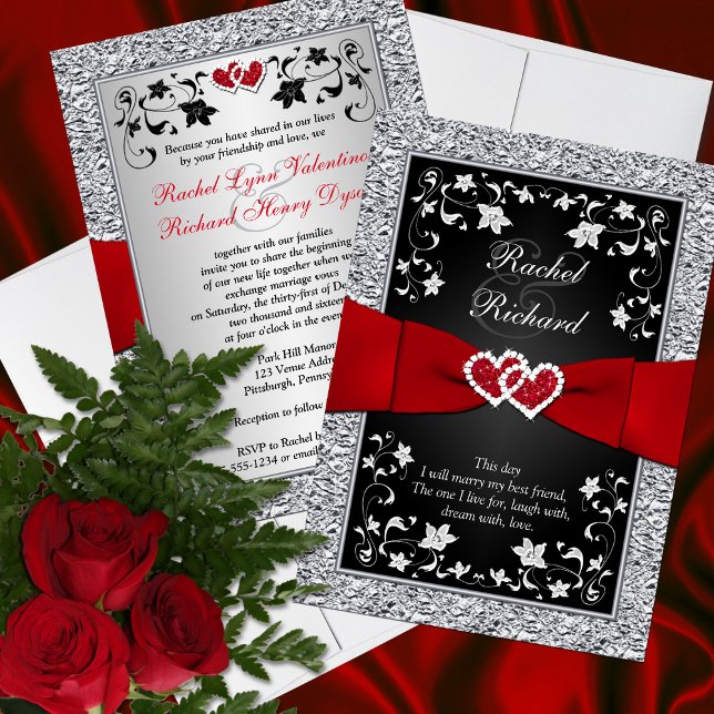 Coeurs rouges d'argent noir, Faire-part de mariage (Créateur téléchargé)
