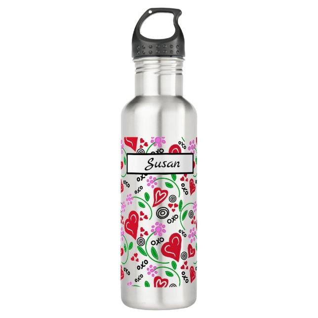 Coeurs rouges Fleurs roses Bouteille d'eau (Devant)