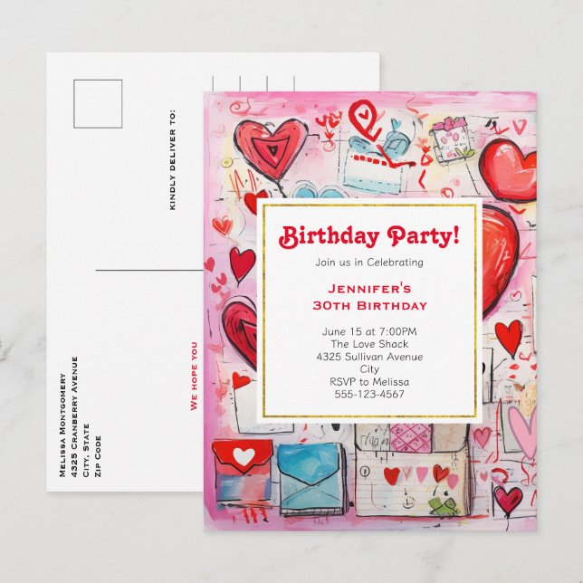 Coeurs Whimsical et lettres d'amour Invitation d'a (Devant / Derrière)
