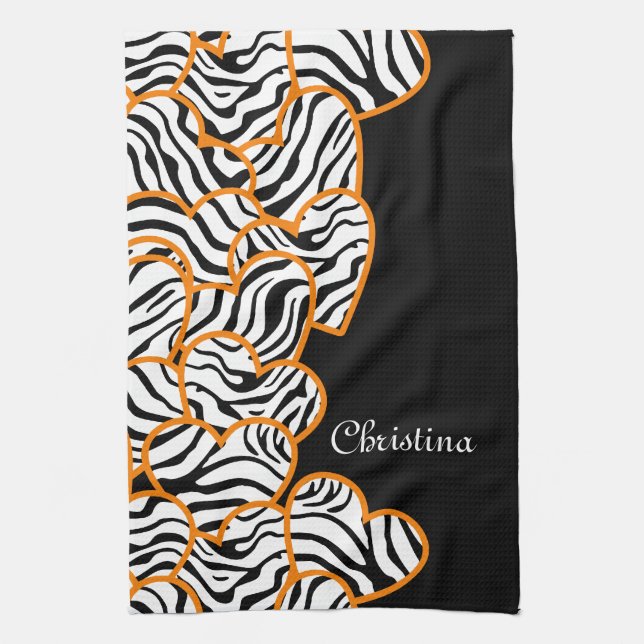 Coeurs zèbre orange Serviette de cuisine (Vertical)