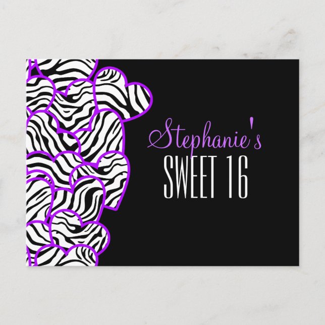 Coeurs zèbres pourpres Sweet 16 Anniversaire Carte (Devant)