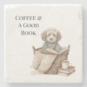 Coffee & A Good Book Dog Basket Stone Coaster