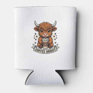 Coffee Addict Cute Highland Cow Vintage Engraving  Can Cooler