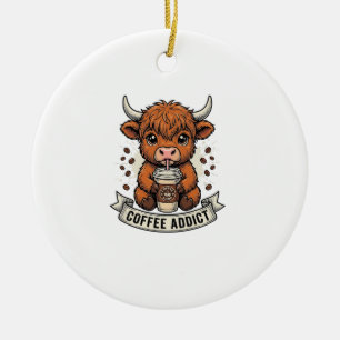Coffee Addict Cute Highland Cow Vintage Engraving  Ceramic Ornament