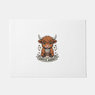 Coffee Addict Cute Highland Cow Vintage Engraving  Doormat