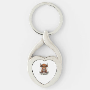 Coffee Addict Cute Highland Cow Vintage Engraving Keychain