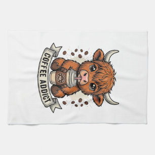 Coffee Addict Cute Highland Cow Vintage Engraving  Kitchen Towel