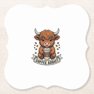 Coffee Addict Cute Highland Cow Vintage Engraving  Paper Coaster