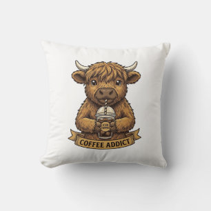 Coffee Addict Highland Cow Vintage Engraving Shirt Throw Pillow