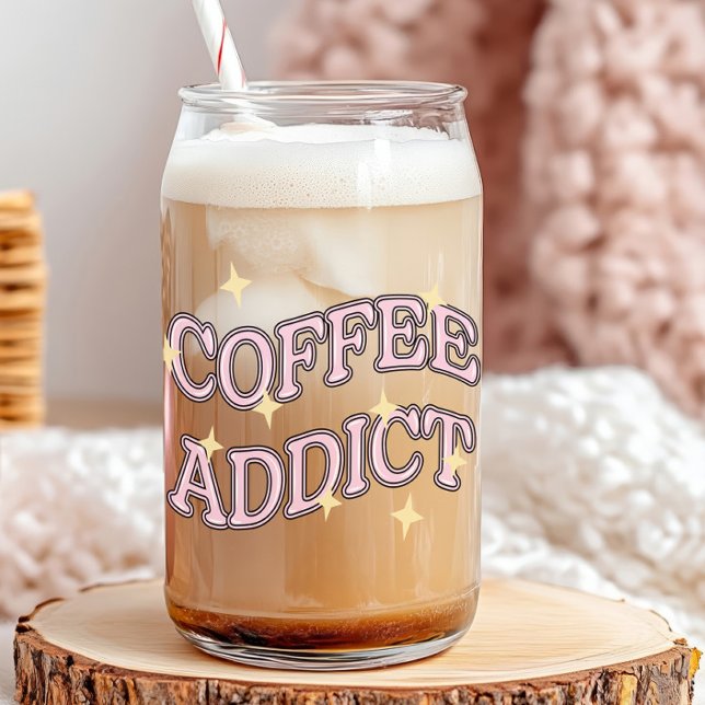 Coffee Addict | Sparkly Retro Can Glass (coffee addict glass can for coffee lovers)