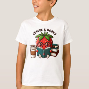 Coffee and Books – Cute Strawberry Character T-Shirt