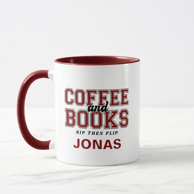 Coffee and Books Sip Then Flip Bookworm Maroon Mug (Left)