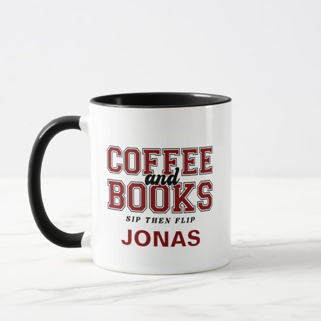 Coffee and Books Sip Then Flip Bookworm Maroon Mug (Left)