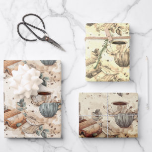 Coffee and books watercolor pattern wrapping paper sheet