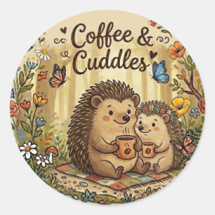 Coffee and Cuddles Cute Hedgehog Couple Matching Classic Round Sticker