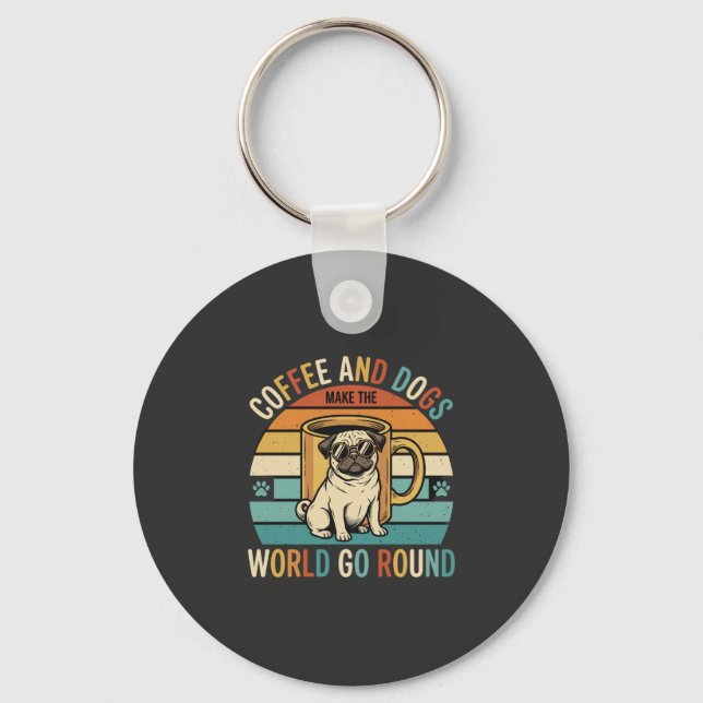 Coffee and Dogs Retro Pug Lover Keychain (Front)