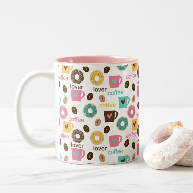 Coffee and Donut Pattern  Two-Tone Coffee Mug (With Donut)