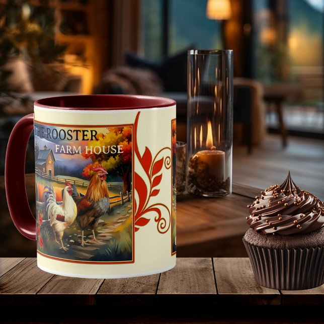 Coffee and Kisses Rooster Farm House Mug (Mug featuring a colorful fine art painting of a rooster and chicken with a farm house.)