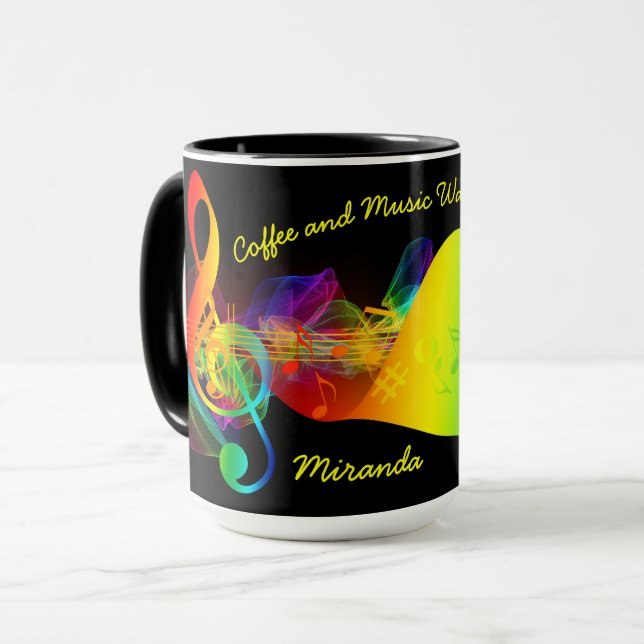 Coffee and Music Lover Musical Notes Edit Name Mug (Front Left)