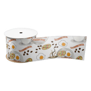 Coffee and Savory Breakfast Bacon   Eggs Pattern Satin Ribbon