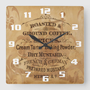 Coffee and Spices Rustic Kitchen Square Wall Clock