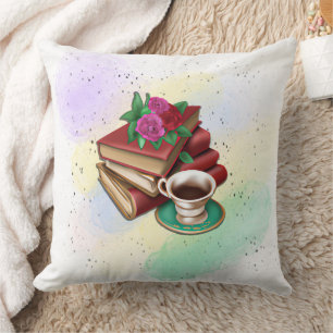 Coffee and Stack of Books Throw Pillow