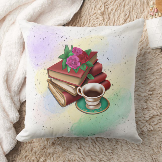 Coffee and Stack of Books Throw Pillow (Blanket)