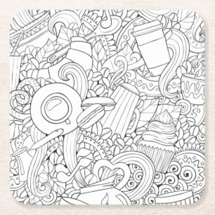 Coffee And Tea Doodle Square Paper Coaster