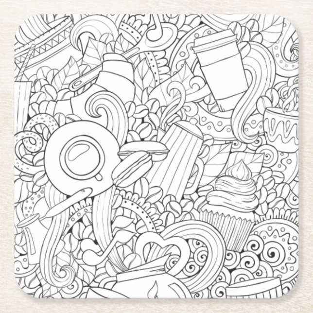 Coffee And Tea Doodle Square Paper Coaster (Front)