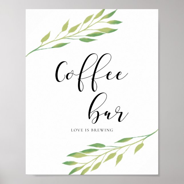 Coffee bar Watercolor green leaves wedding sign (Front)