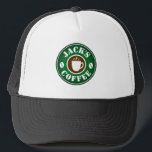 Coffee bean and cup logo trucker hat for barista<br><div class="desc">Coffee bean and cup logo trucker hat for barista. Custom hats for shop employees,  coworker,  colleague,  boss,  company staff,  store personnel etc. Add your own personalized business name.</div>