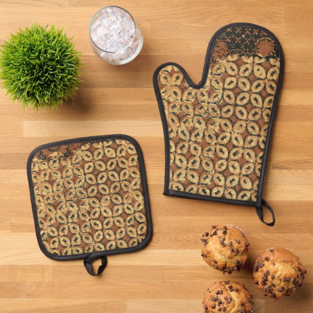 Coffee Bean Earthy Boho Rustic Oven Mitt & Pot Holder Set (Top Down)