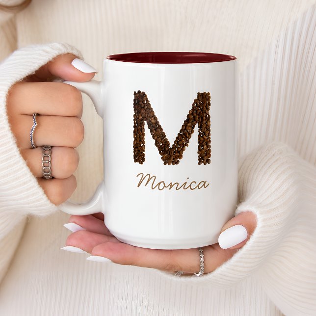 Coffee Bean Monogram Letter M Personalised Name Co Two-Tone Coffee Mug (Creator Uploaded)