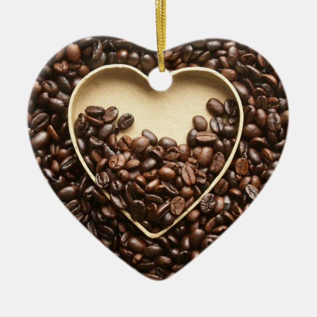 Coffee Beans and Heart Ceramic Ornament (Front)