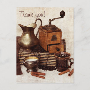 Coffee beans and old coffee mill thank you card