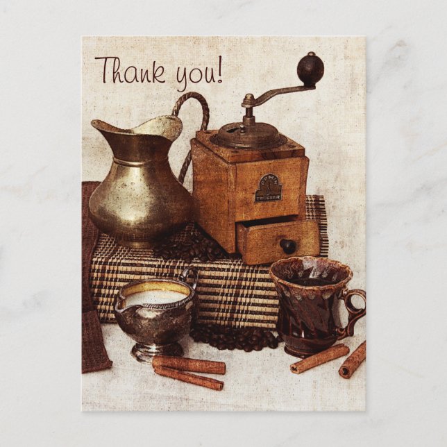 Coffee beans and old coffee mill thank you card (Front)