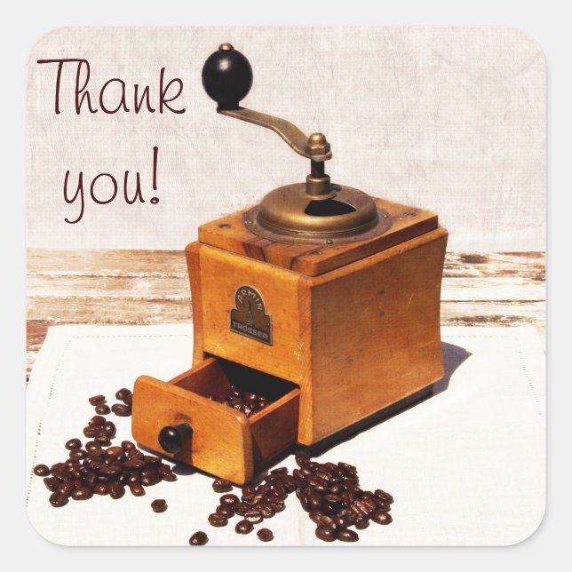 Coffee beans and old coffee mill thank you sticker (Front)