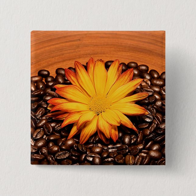Coffee Beans and Yellow Daisy 2 Inch Square Button (Front)