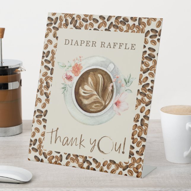 Coffee Beans Baby Shower Diaper Raffle Thank You Pedestal Sign (In SItu)