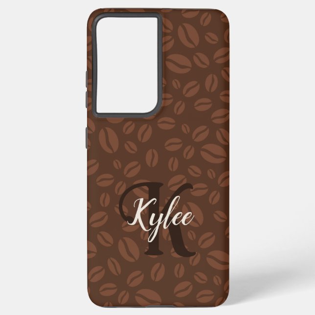 Coffee Beans Brown Print Monogram Name Phone Case (Back)
