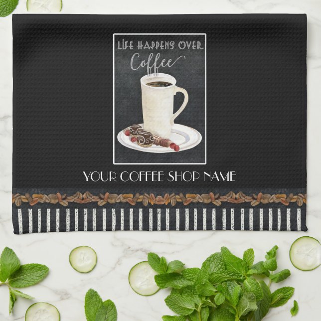 Coffee Beans Latte Black White Chocolate Shop Kitchen Towel (Folded)
