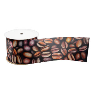 Coffee Beans Pencil Drawing Pattern Rustic Brown Satin Ribbon