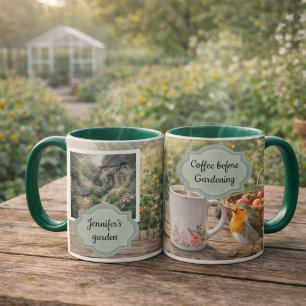 Coffee before gardening robin morning garden photo mug