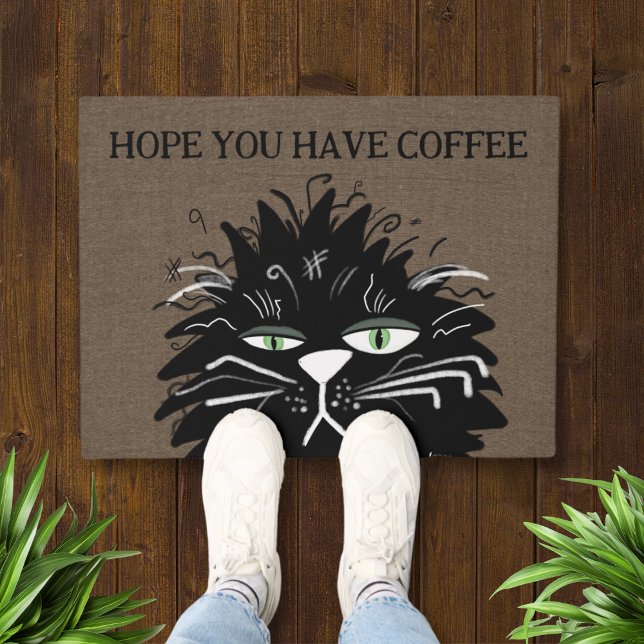 Coffee Black Grumpy Cat Funny Doormat (Funny Black Cat Hope You Have Coffee Doormat)