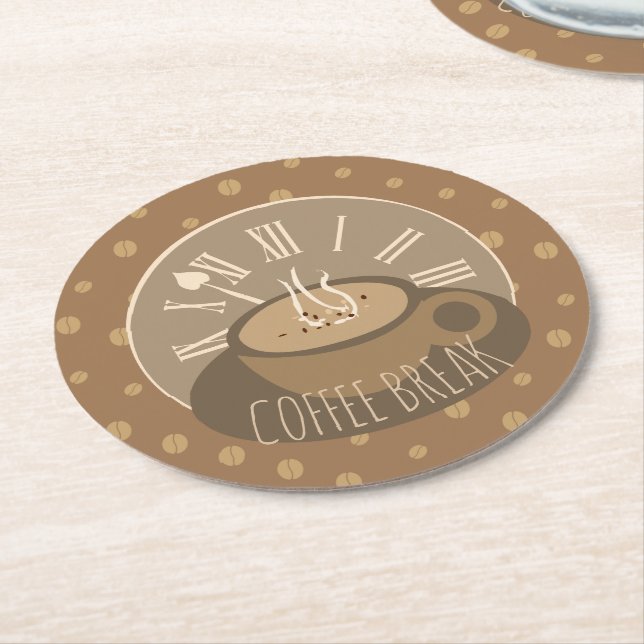 Coffee Break Clock and Beans Cafe Round Paper Coaster (Angled)