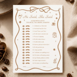 Coffee Bridal Shower He Said She Said Game Card