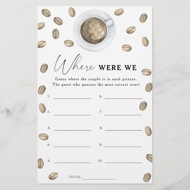 Coffee bridal shower Where were we game (Front)